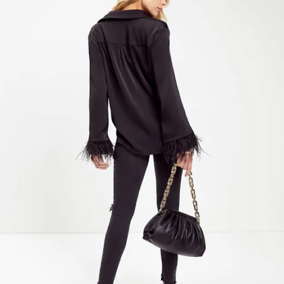 VICI Hollywood Nights Satin Feather Trim Button Up Blouse Black Large L NEW NWOT - Picture 6 of 11